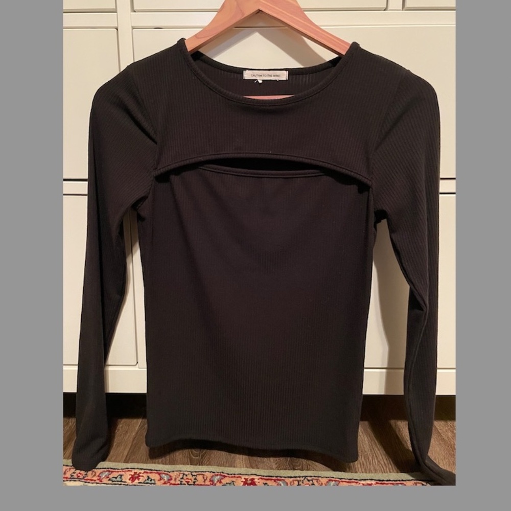 Black Ribbed Long Sleeve Top with Cut-Out